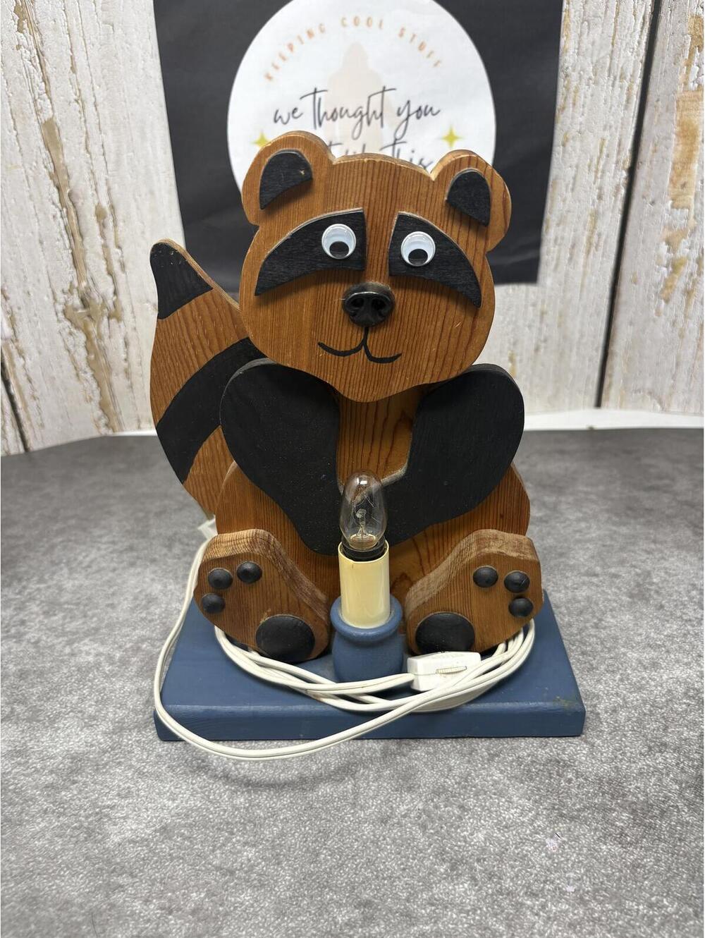 Vintage Handmade Wooden Raccoon Night Light Lamp Folk Art Country Cottage Decor